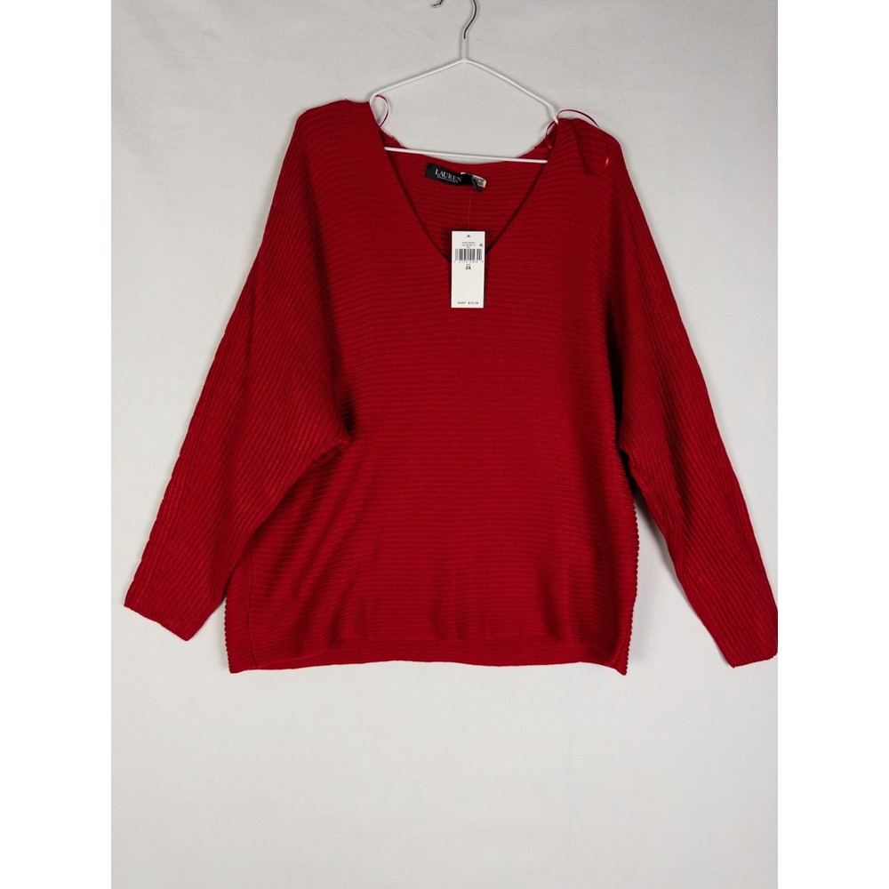 NWT LRL Ralph Lauren Top Womens 2X Red V Neck Long Sleeve Crochet Cotton Blend